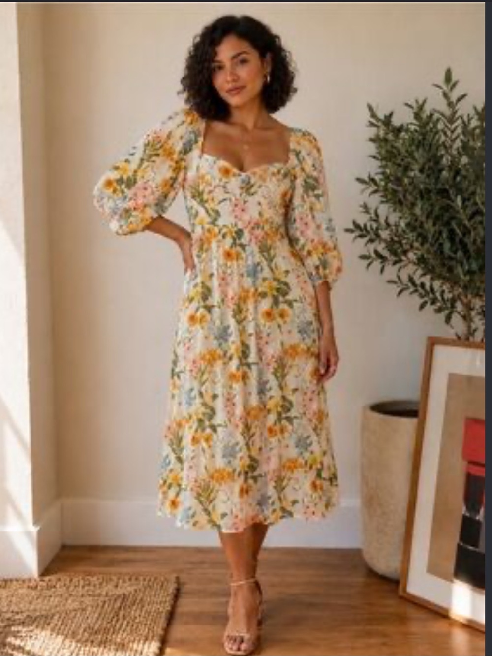 Sugarlips Floral Puff-Sleeve Midi Dress in Yellow and Cream
